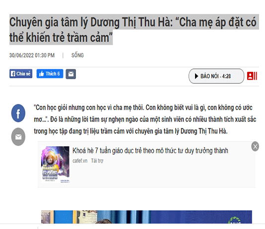 [Cafebiz] Chuyên gia tâm lý: “Cha mẹ áp đặt có thể khiến trẻ trầm cảm”