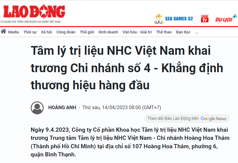 [Lao Động] Tâm lý và Phát triển Con người NHC Việt Nam khai trương Chi nhánh số 4 - Khẳng định thương hiệu hàng đầu