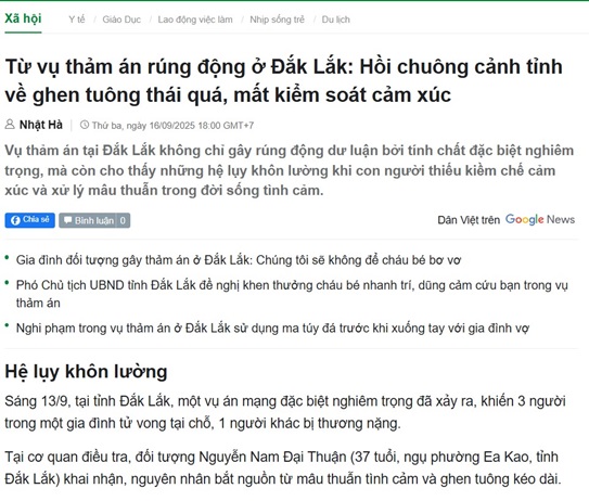 [Dân Việt] Từ vụ thảm án rúng động ở Đắk Lắk: Hồi chuông cảnh tỉnh về ghen tuông thái quá, mất kiểm soát cảm xúc